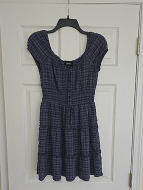 by & by Navy Plaid Smocked Mini Dress